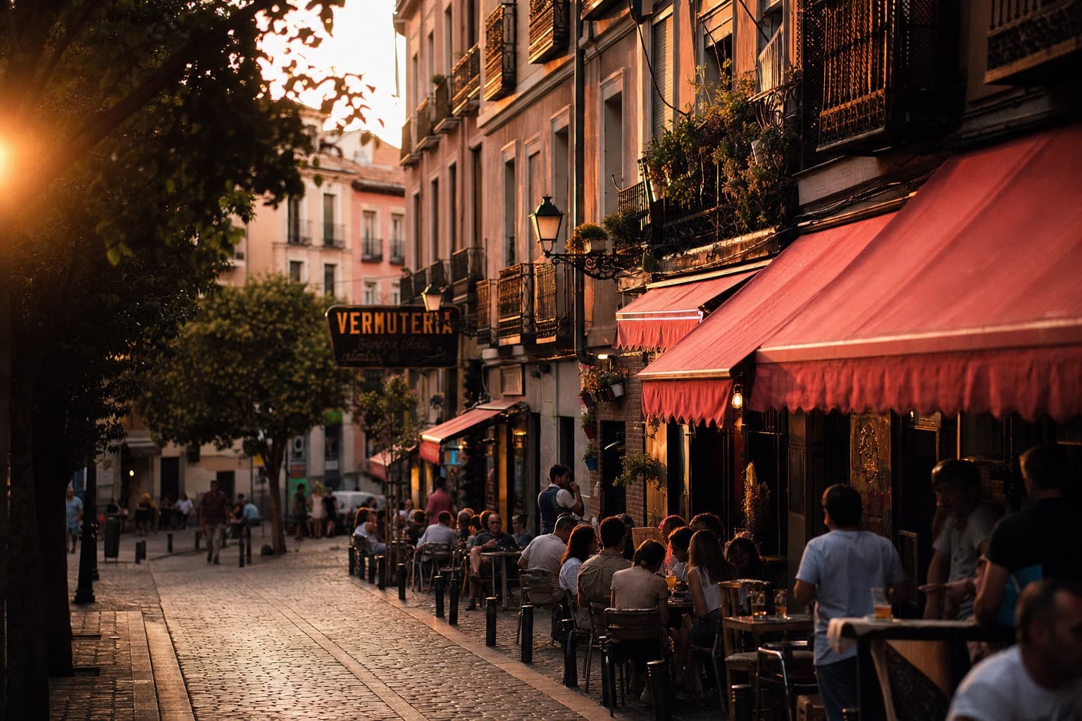 Calle peatonal del centro de Madrid con terrazas, restaurantes y gente